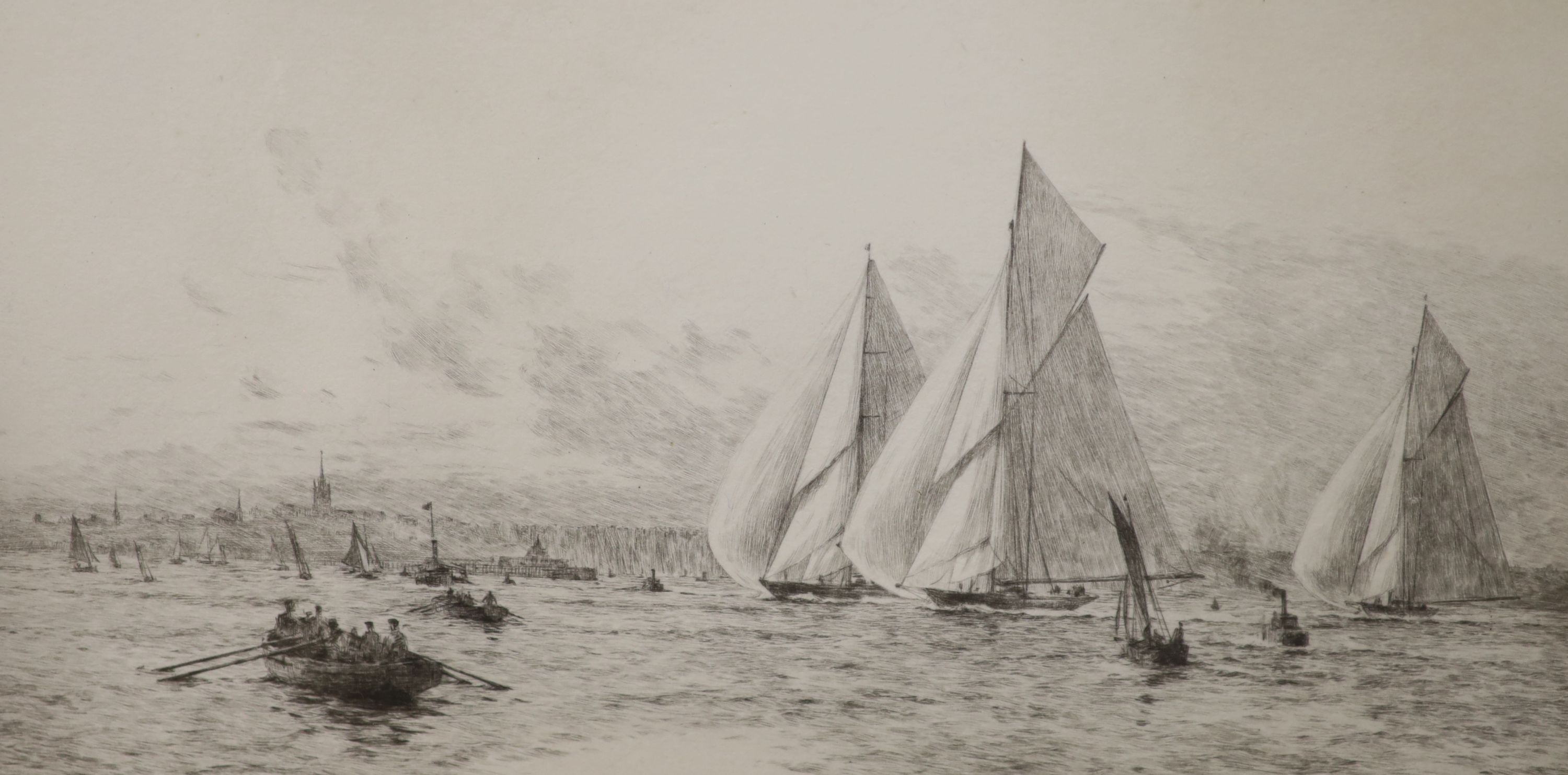 Rowland Langmaid (1897-1956), etching, Yachts and other vessels off the coast, signed in pencil, 15.5 x 30cm, another etching of Westminster, and two other prints